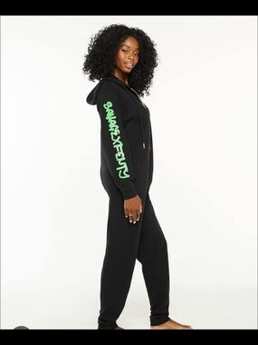 Savage X Fenty Forever Savage Hooded Onesie Black/Neon GreenUnisex Women L Men S